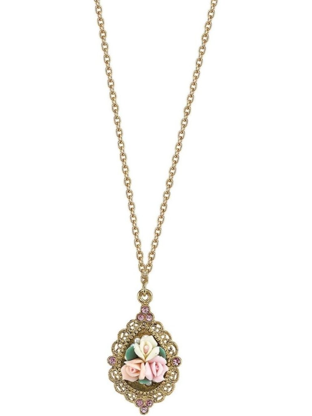 Handmade Pink Crystal & Porcelain Rose Pendant Necklace for Women, 16" + 3